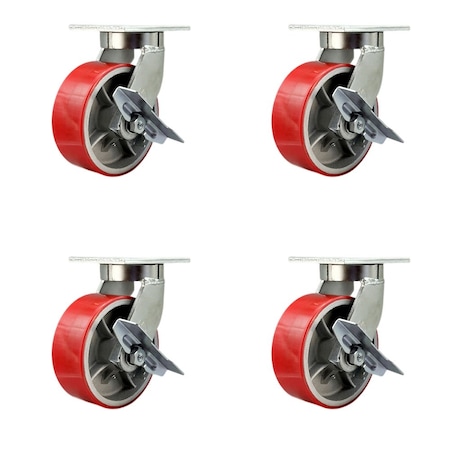 Service Caster 8'' Heavy Duty Red Poly on Cast Iron Caster Set 4 Brakes 2 Swivel Locks, 4PK CRAN-KP92S830-PUR-RS-SLB-BSL-2-SLB-2